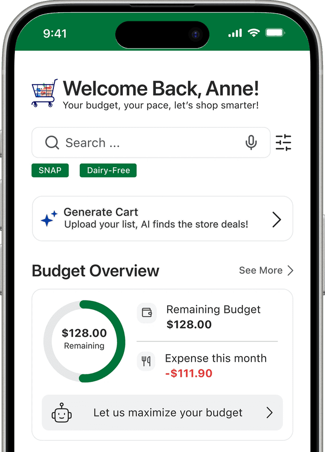 The BudgetCart home screen showing the remaining monthly budget