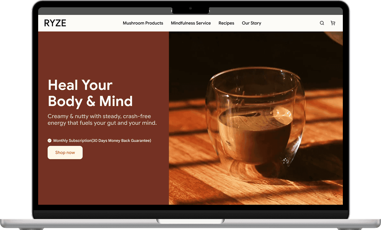 The redesigned Ryze Coffee home page