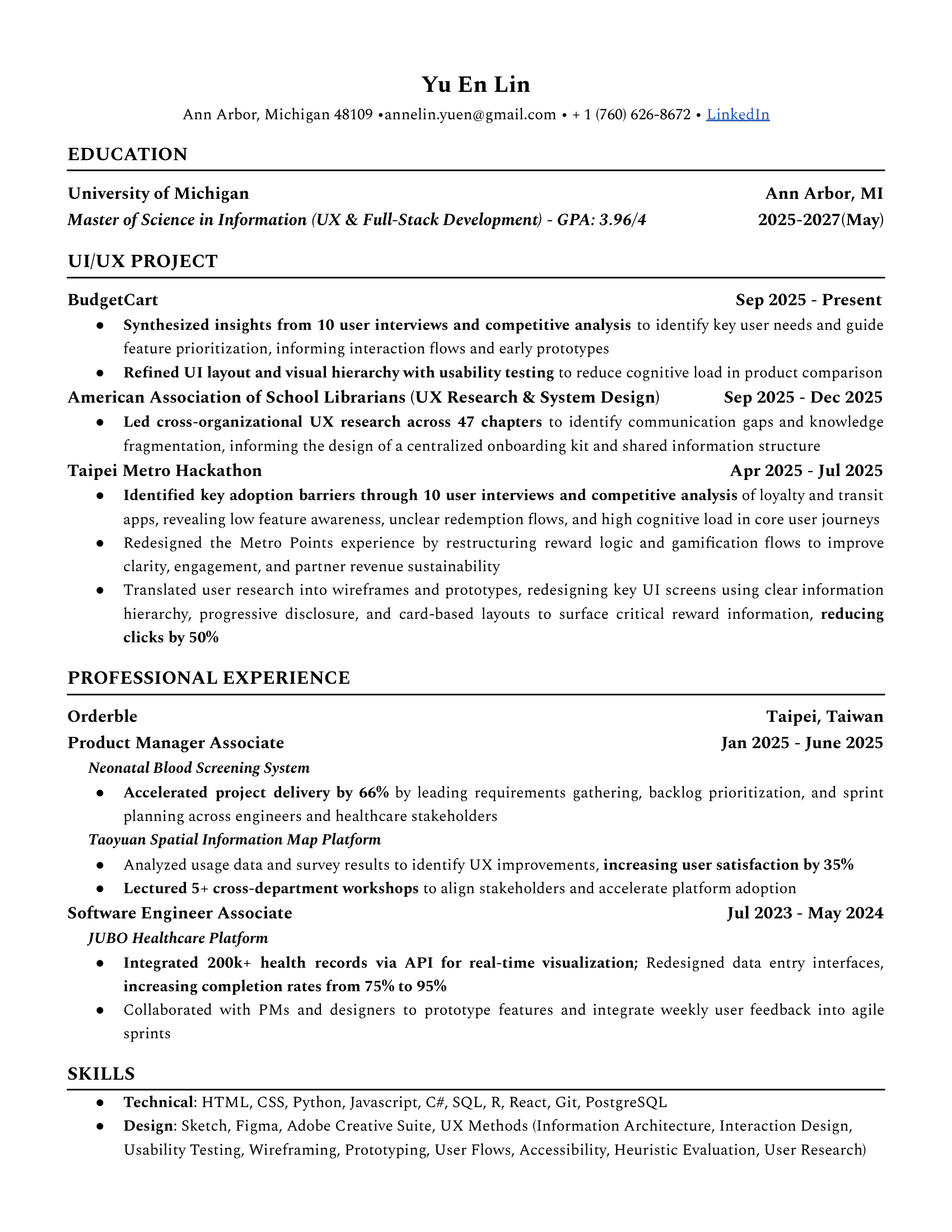 Resume for Anne Lin, covering education, UI/UX projects, professional experience and skills