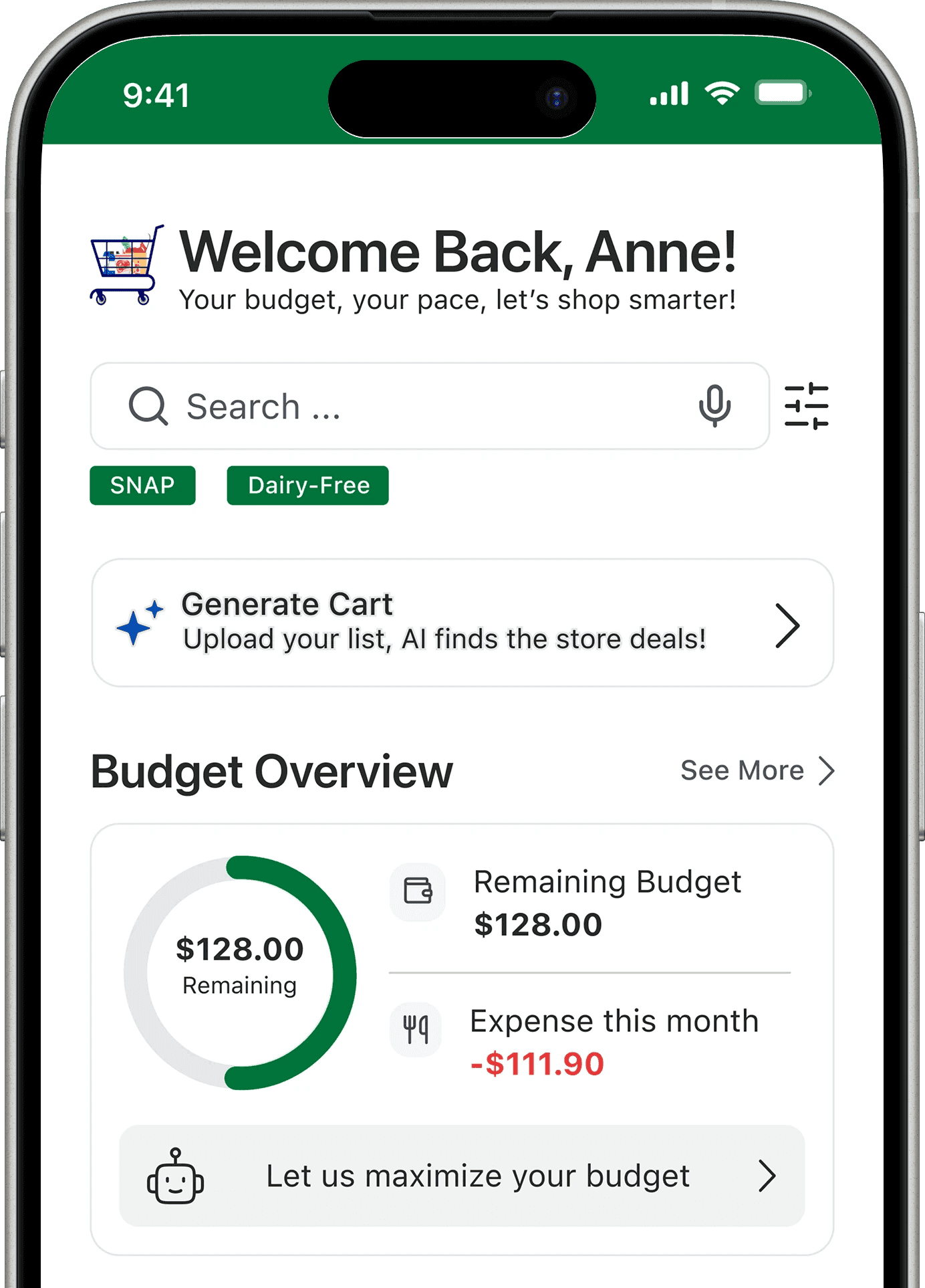 The BudgetCart home screen showing the remaining monthly budget